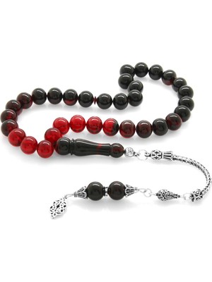 Okyanus Silver 925 Ayar Gümüş Püsküllü Küre Kesim Süzme Kırmızı-Siyah Ateş Kehribar Tesbih