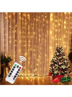 Pazariz Peri Telli Perde LED Işık Kumandalı 300 Ledli 3 x 3 Metre Usb'li 8 Animasyonlu Günışığı Yıldız