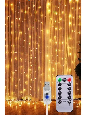 Pazariz Peri Telli Perde LED Işık Kumandalı 300 Ledli 3 x 3 Metre Usb'li 8 Animasyonlu Günışığı Yıldız