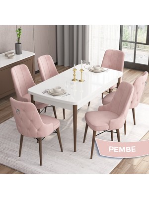 Canisa Concept Are Serisi Mdf 80 x 132 cm Açılabilir Beyaz Masa Ceviz Ayak Mutfak Masası Takımı 6 Sandalye Gümüş Halkalı