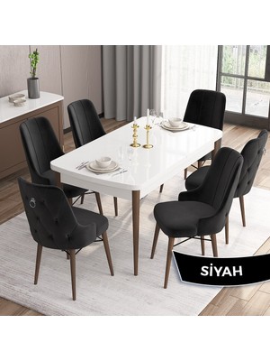 Canisa Concept Are Serisi, Mdf 80X132 Açılabilir Beyaz Masa Ceviz Ayak Mutfak Masası Takımı, 6 Sandalye Gümüş Halkalı