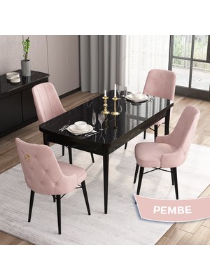 Canisa Concept Are Serisi, Mdf 80X132 Açılabilir Siyah Mermer Desen Mutfak Masa Takımı, 4 Sandalye Gold Halkalı