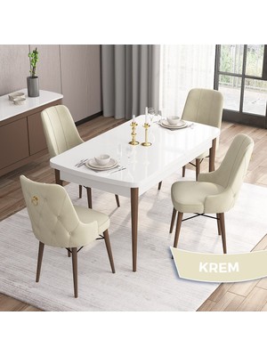 Canisa Concept Are Serisi, Beyaz Masa Ceviz Ayak Mdf 80X132 Açılabilir Mutfak Masa Takımı,  4 Sandalye Gold Halkalı