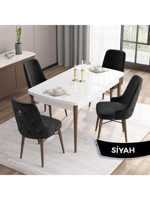 Canisa Concept Are Serisi, Beyaz Masa Ceviz Ayak Mdf 80X132 Açılabilir Mutfak Masa Takımı,  4 Sandalye Gold Halkalı