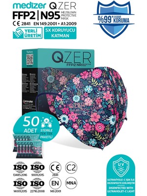 Medizer Qzer Blue Flos Desenli Ffp2 N95 Maske 5 Katmanlı
