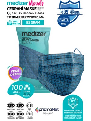 Medizer Meltblown Lacivert Küp Desenli Cerrahi Maske