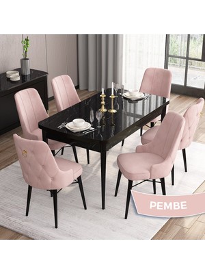 Canisa Concept Are Serisi, Mdf 80X132 Açılabilir Siyah Mermer Desen Mutfak Masa Takımı, 6 Sandalye Gold Halkalı