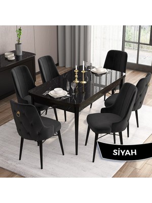 Canisa Concept Are Serisi, Mdf 80X132 Açılabilir Siyah Mermer Desen Mutfak Masa Takımı, 6 Sandalye Gold Halkalı