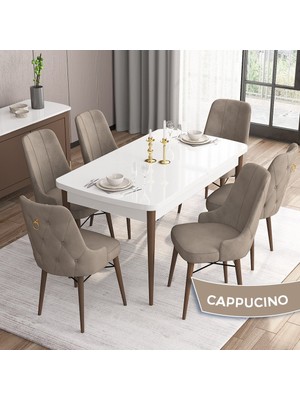 Canisa Concept Are Serisi, Beyaz Masa Ceviz Ayak Mdf 80X132 Açılabilir Mutfak Masa Takımı,  6 Sandalye Gold Halkalı