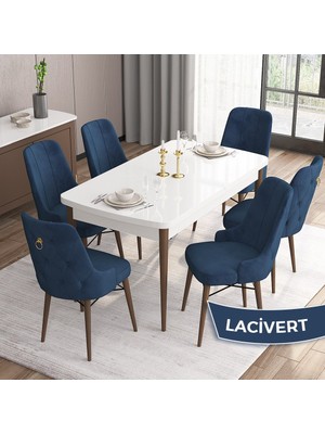 Canisa Concept Are Serisi, Beyaz Masa Ceviz Ayak Mdf 80X132 Açılabilir Mutfak Masa Takımı,  6 Sandalye Gold Halkalı