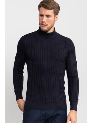 Tudors Erkek Slim Fit Tam Balıkçı Yaka Lacivert Triko Kazak