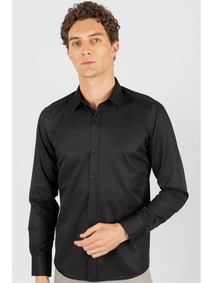 Tudors Modern Slim Fit Uzun Kollu Pamuklu Kolay Ütü Armürlü Erkek Siyah Gömlek