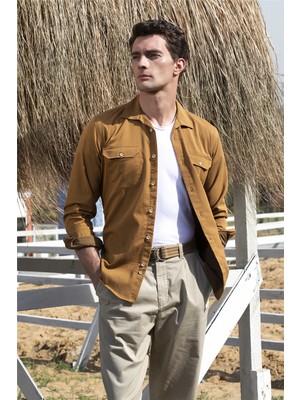 Tudors Slim Fit Uzun Kollu Dar Kesim Çift Cep Denim Kot Gabardin Erkek Kahve Gömlek