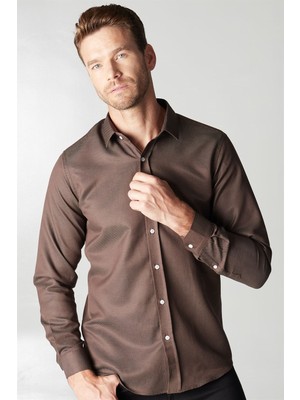 Tudors Modern Slim Fit Uzun Kollu Pamuklu Kolay Ütü Armürlü Erkek Kahve Gömlek