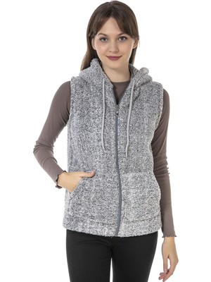 Etkimod Kadın Gri Kapşonlu Kolsuz Peluş Yelek