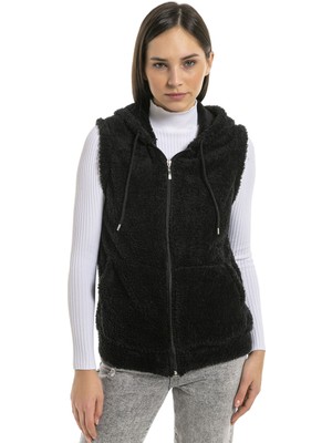 Etkimod Kadın Siyah Kapşonlu Kolsuz Peluş Yelek