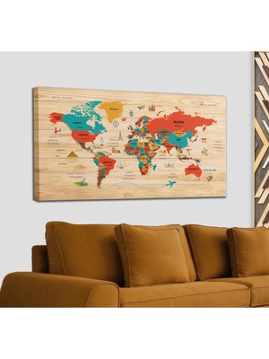 Dünyatablo Ahşap Görünümlü Türkçe Dünya Haritası Dekoratif Kanvas Tablo 2070