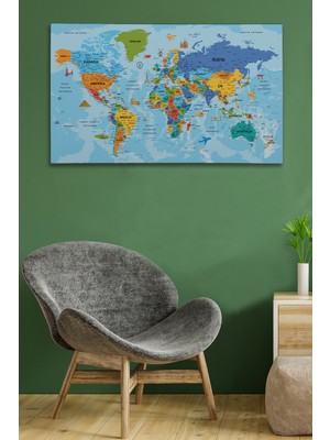 Dünyatablo Türkçe Dünya Haritası Kanvas Tablo Son Derece Detaylı ve DEKORATIF-2040