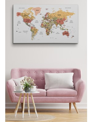 Dünyatablo Türkçe Dünya Haritası Dekoratif Kanvas Tablo Son Derece Detaylı 1624