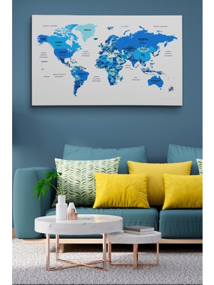 Dünyatablo Türkçe Dünya Haritası Dekoratif Kanvas Tablo Ülke ve Başkentli 1500