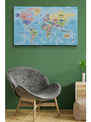 Dünyatablo Türkçe Dünya Haritası Ülke Başkentli ve Okyanuslu Dekoratif Kanvas Tablo 2232