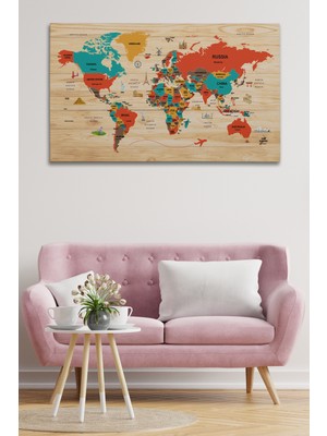 Dünyatablo Ahşap Görünümlü Dünya Haritası Dekoratif Kanvas Tablo 2071