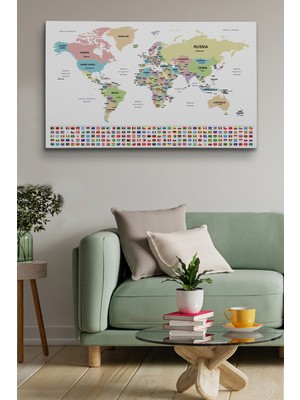 Dünyatablo Dünya Haritası Ülke Bayraklı ve Dekoratif Kanvas Tablo 2385
