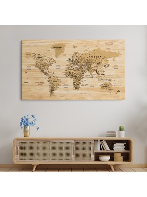 Dünyatablo Ahşap Görünümlü Dünya Haritası Ayrıntılı ve Dekoratif Kanvas Tablo 1810 ( Tek Parça )