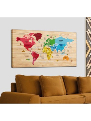 Dünyatablo Ahşap Görünümlü Dünya Haritası Dekoratif Kanvas Tablo 2107