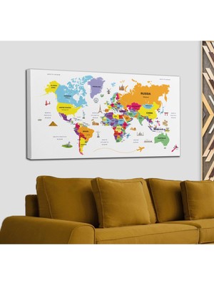 Dünyatablo Dünya Haritası Dekoratif Kanvas Tablo Ülke ve Başkentli Öğretici ve Sembollü 2281
