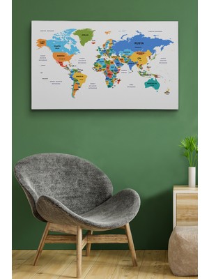 Dünyatablo Türkçe Dünya Haritası Dekoratif Kanvas Tablo Ülke ve Başkentli 1560