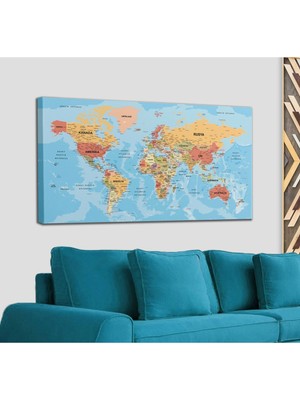 Dünyatablo Dünya Haritası Türkçe Kanvas Tablo Ayrıntılı Dekoratif-Okyanuslu 2162
