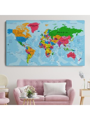 Dünyatablo Dünya Haritası Kanvas Tablo Çok Ayrıntılı Dekoratif ve Okyanuslu 2131 ( Tek Parça )