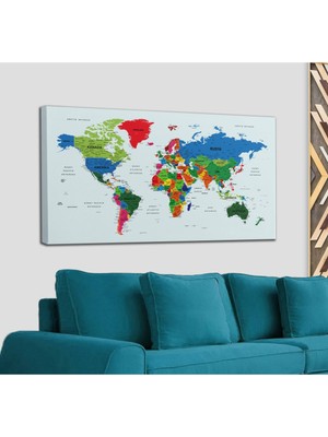 Dünyatablo Türkçe Detaylı Dünya Haritası Dekoratif Renkli Zeminli Kanvas Tablo 1703