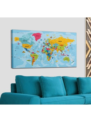 Dünyatablo Türkçe Dünya Haritası Kanvas Tablo Son Derece Detaylı ve DEKORATIF-2022