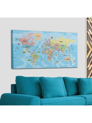 Dünyatablo Türkçe Dünya Haritası Kanvas Tablo Son Derece Detaylı ve DEKORATIF-2012