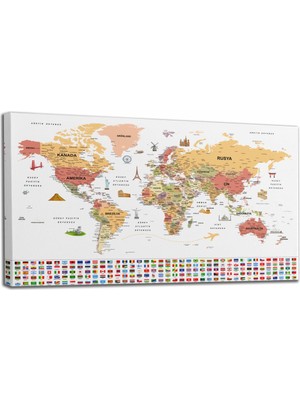 Dünyatablo Türkçe Dünya Haritası Ayrıntılı Eğitici-Öğretici Sembollü Bayraklı Dekoratif Kanvas Tablo 2860