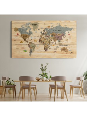 Doğal Tercih Ahşap Görünümlü Dünya Haritası Sembollü Eğitici ve Öğretici Dekoratif Tablo ( Tek Parça )