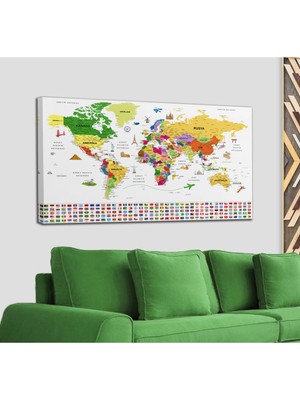Dünyatablo Türkçe Dünya Haritası Ayrıntılı Eğitici-Öğretici Sembollü Bayraklı Dekoratif Kanvas Tablo 2840
