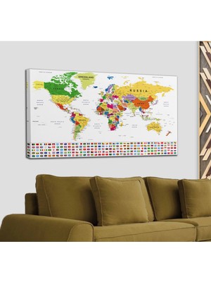 Dünyatablo Dünya Haritası Son Derece Ayrıntılı Eğitici-Öğretici ve Bayraklı Dekoratif Kanvas Tablo 3256