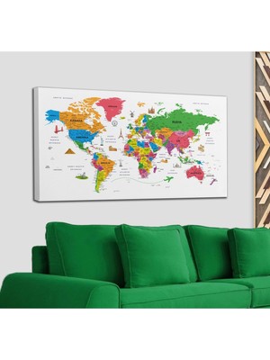 Dünyatablo Türkçe Dünya Haritası Son Derece Ayrıntılı Eğitici-Öğretici ve Sembollü Dekoratif Kanvas Tablo 3172