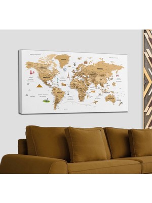 Dünyatablo Türkçe Dünya Haritası Son Derece Ayrıntılı Eğitici-Öğretici ve Sembollü Dekoratif Kanvas Tablo 3220