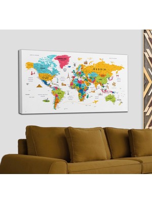 Dünyatablo Dünya Haritası Son Derece Ayrıntılı Eğitici-Öğretici ve Sembollü Dekoratif Kanvas Tablo 3213