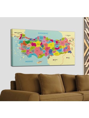 Dünyatablo Türkiye Haritası Kanvas Tablo Sınır Komşulu Eğitici ve Öğretici Dekoratif Tablo 3080