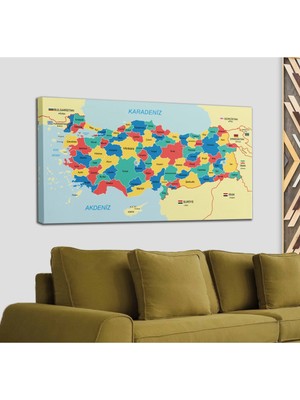 Dünyatablo Türkiye Haritası Kanvas Tablo Sınır Komşulu Eğitici ve Öğretici Dekoratif Tablo 3103