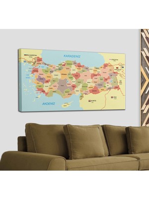 Dünyatablo Türkiye Haritası Kanvas Tablo Sınır Komşulu Eğitici ve Öğretici Dekoratif Tablo 3101