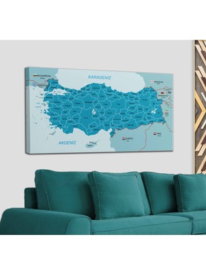 Dünyatablo Türkiye Haritası Kanvas Tablo Sınır Komşulu Eğitici ve Öğretici Dekoratif Tablo 3087