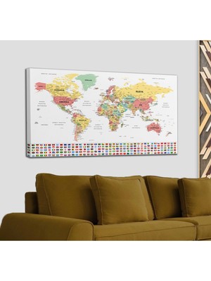 Dünyatablo Türkçe Dünya Haritası Son Derece Ayrıntılı Eğitici-Öğretici ve Bayraklı Dekoratif Kanvas Tablo 2793