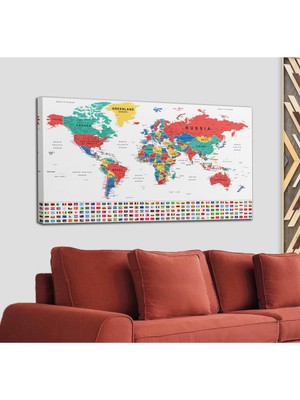 Dünyatablo Dünya Haritası Son Derece Ayrıntılı Eğitici-Öğretici ve Bayraklı Dekoratif Kanvas Tablo 2794