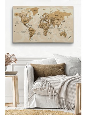 Dünyatablo Türkçe Dünya Haritası Son Derece Ayrıntılı Eğitici-Öğretici Okyanuslu Dekoratif Kanvas Tablo 2544